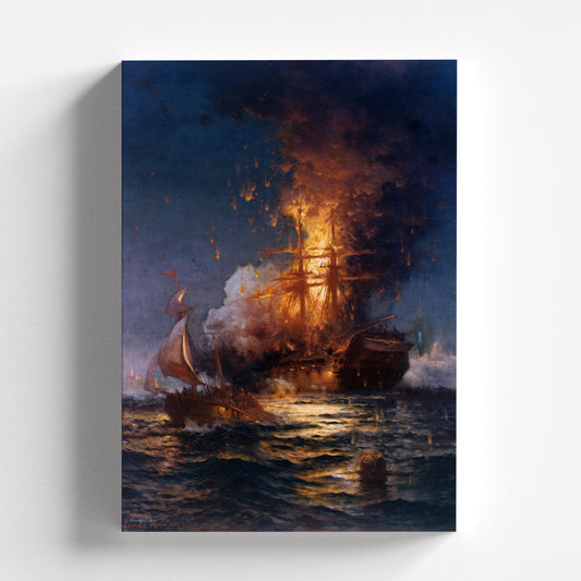 Burning of the Frigate Philadelphia in the Harbor of Tripoli by Edward Moran 1897 | Maritime Art Print (D0421)